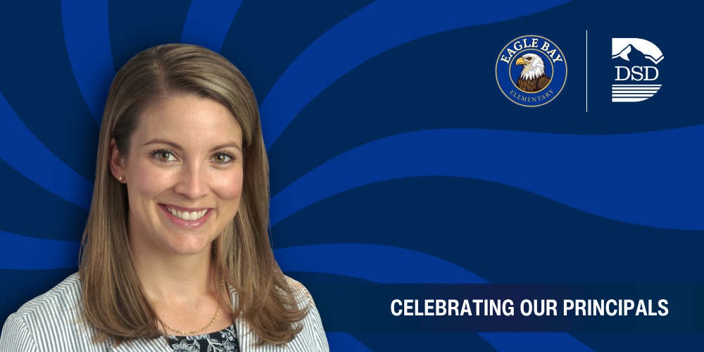 A principal in front of a wavy background with a banner that reads "Celebrating Our Principals"