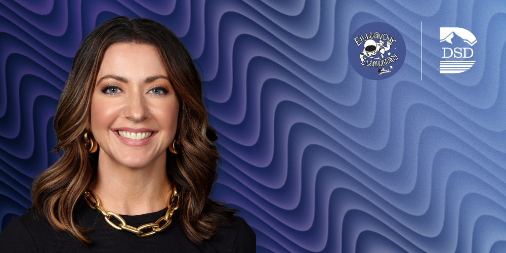 Assistant principal with a blue wavy background and the Endeavour Elementary and DSD logos.