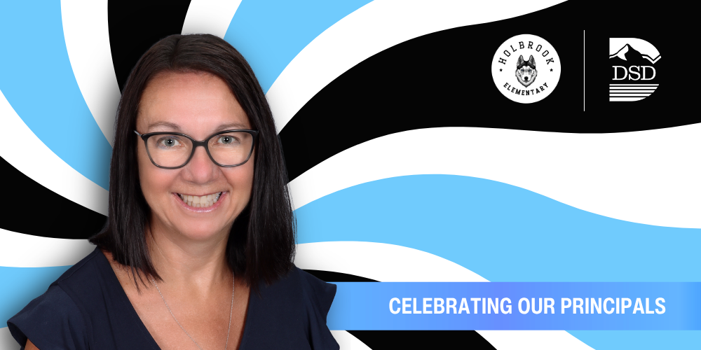 A principal in front of a wavy background with a banner that reads "Celebrating Our Principals"