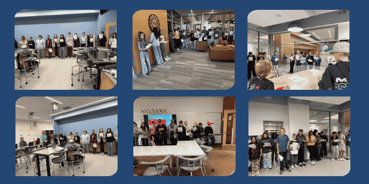 6 images of various classrooms with students caroling to the classes.