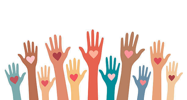 Different color of hands raising with hearts on them
