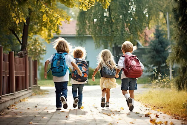 Kids with backpacks running down the sidewalk