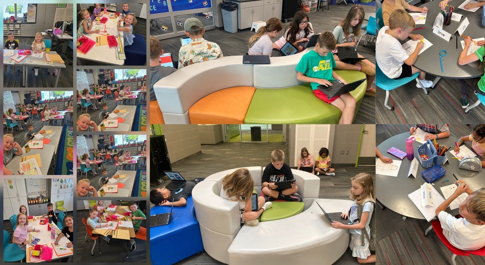 students in classrooms drawing, on computers