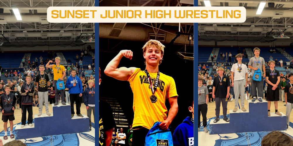 Sunset Junior High Wrestling Distict Tournament showing winners on the podium and a young man flexing his muscles.