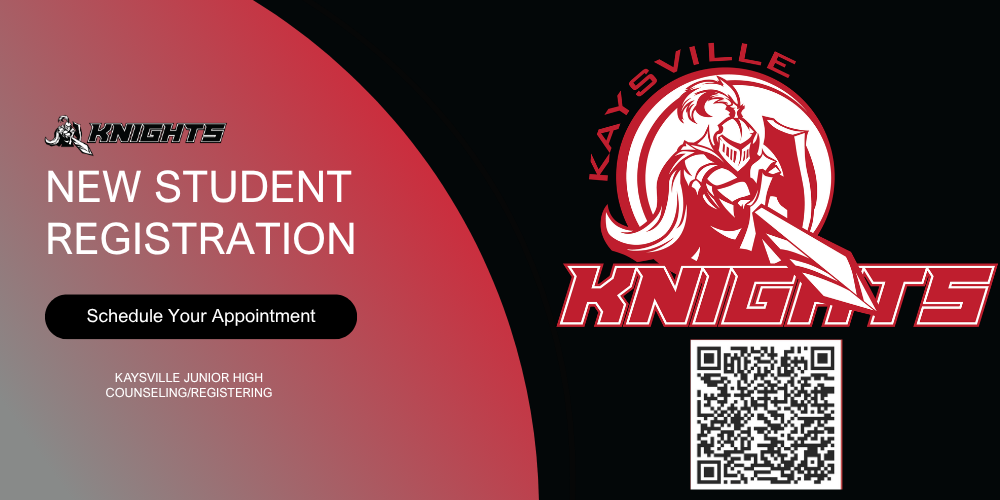 image of QR CODE AND kjh knight logo a knight holding a shield and pointing a sword with kaysville knights surrounding it. knight new student registration schedule your appointment kaysville junior high counsling/registering