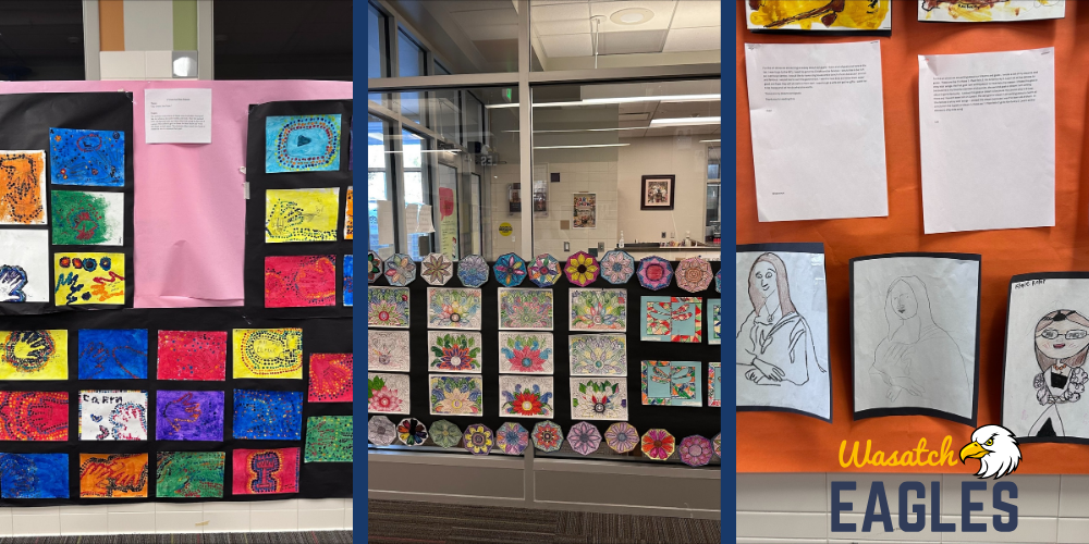 Three side-by-side photos of student artwork displayed for the Wasatch Elementary Art Show. The displays include colorful abstract paintings, patterned designs, floral drawings, and student portraits mounted on bright paper and bulletin boards in a school hallway. A “Wasatch Eagles” logo appears in the bottom right image.