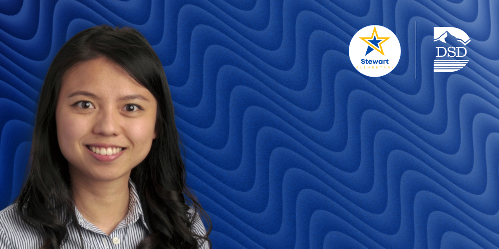 Assistant principal on a blue wavy background with the Stewart Elementary and DSD logos.