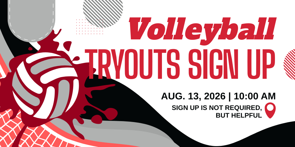 image of a volleyball and net volleyball tryouts sign up aug. 13, 2026 10:00 am sign up is not required, but helpful