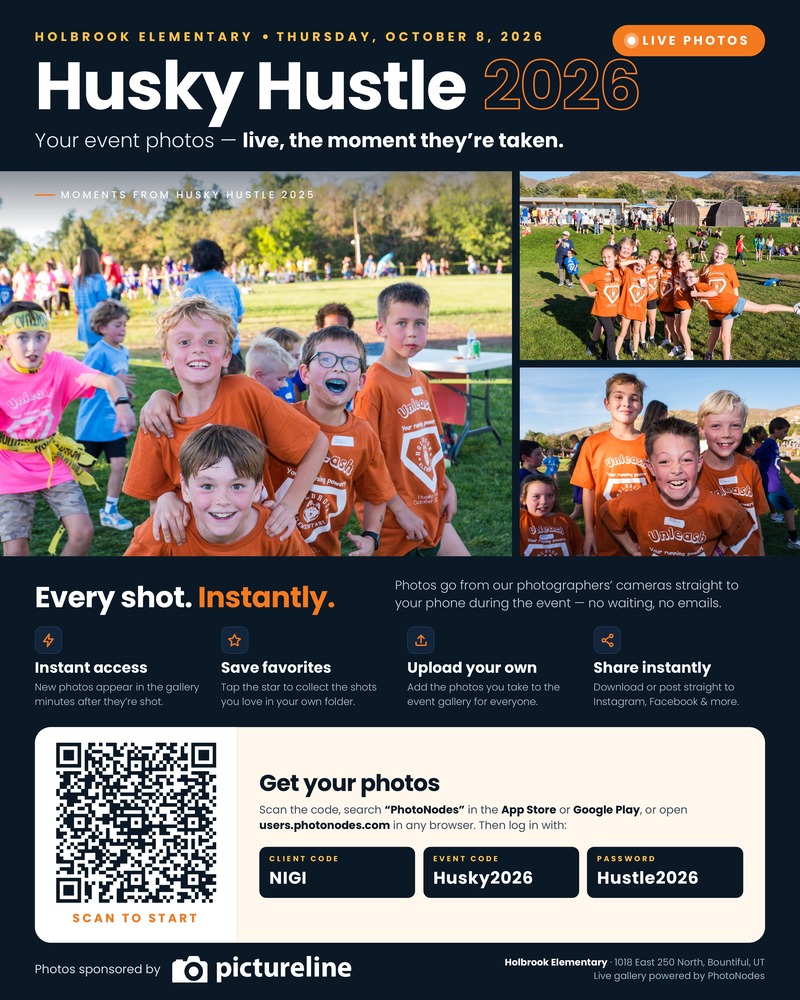 Holbrook Elementary Husky Hustle 2026 flyer featuring photos from last year’s Husky Hustle and information about accessing live event photos. The event is Thursday, October 8, 2026. Families can scan the QR code to access the live photo gallery.