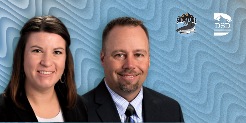 Two assistant principals on a blue and gray wavy background with the Shoreline Junior High and DSD logos. 