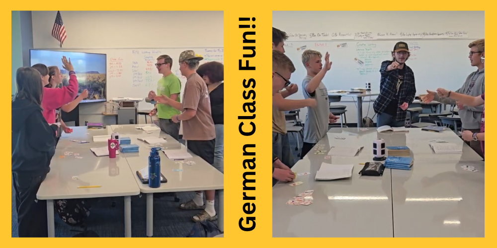 German Class Fun!! Students are standing around tables playing a game.