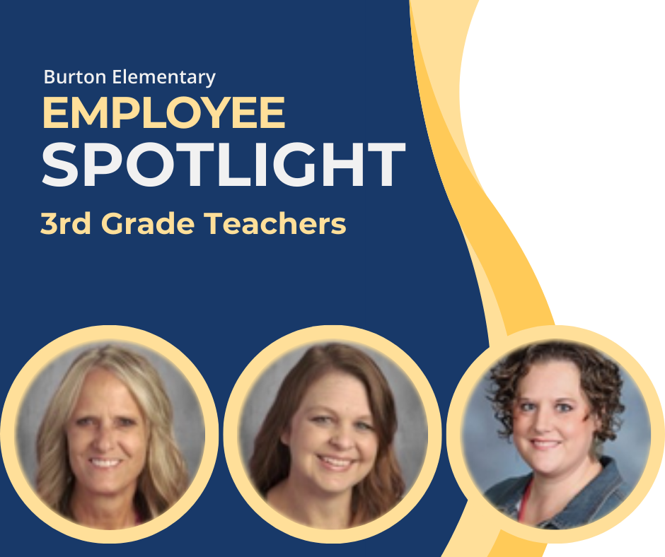 Graphic with a blue, yellow, and white background that says, "Burton Elementary Spotlight 3rd Grade Teachers", and has pictures of each of the 3rd grade teachers.