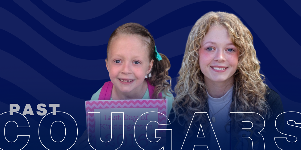 A photo of a student smiling at the camera on a two toned wavy blue background. There is a title along the bottom that reads: "Past Cougars."