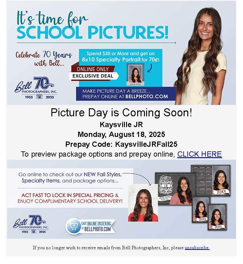 image of girls in school pictures it's time for school pictures celebrate 70 years with bell spend $30 or more and get an 8x10 specialty portrait for $.70 online only exclusive deal make picture day a breeze prepay online at bellphoto.compicture day is coming soon! Kaysville JR monday, august 18, 2025 prepay code: KaysvilleJRFall25 to preview package options and prepay online, click here go online to check out our new fall styles specialty items and package options act fast to lock in special pricing and enjou complimentary school deliver! easy online orderng at bellphoto.com