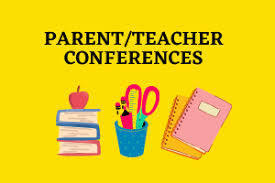 Parent/Teacher Conferences image with books, apple, pencils and scissors and notebooks