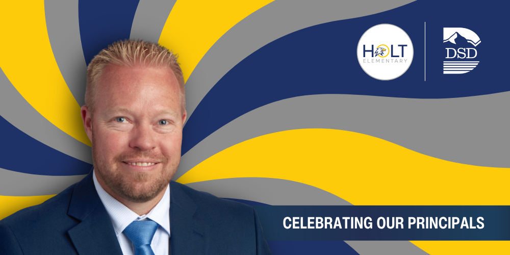 A principal in front of a wavy background with a banner that reads "Celebrating Our Principals"