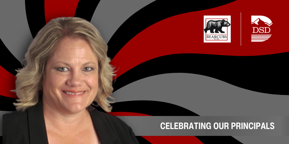 A principal in front of a wavy background with a banner that reads "Celebrating Our Principals"