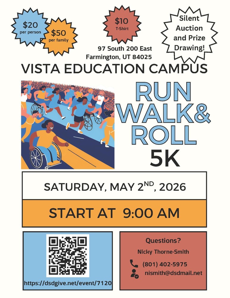 Advertisement for the VEC Fun Run - Run, Walk, & Roll 5K at 9am on Saturday, May 2, 2026