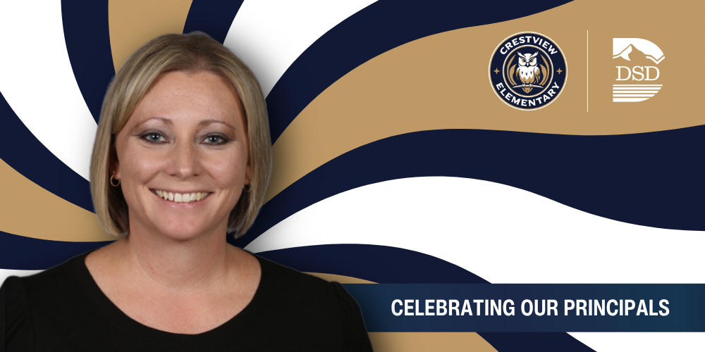 A principal in front of a wavy background with a banner that reads "Celebrating Our Principals"