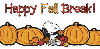 Happy Fall Break image with Snoopy, pumpkins and leaves