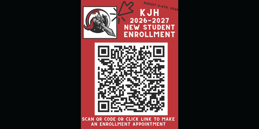 image of a qr code and kaysville knight logo knight holding a sword and a shieldkjh 2026-2027 new student enrollment august 4-6th 2026 scan qr code or click link to make an enrollment appointment