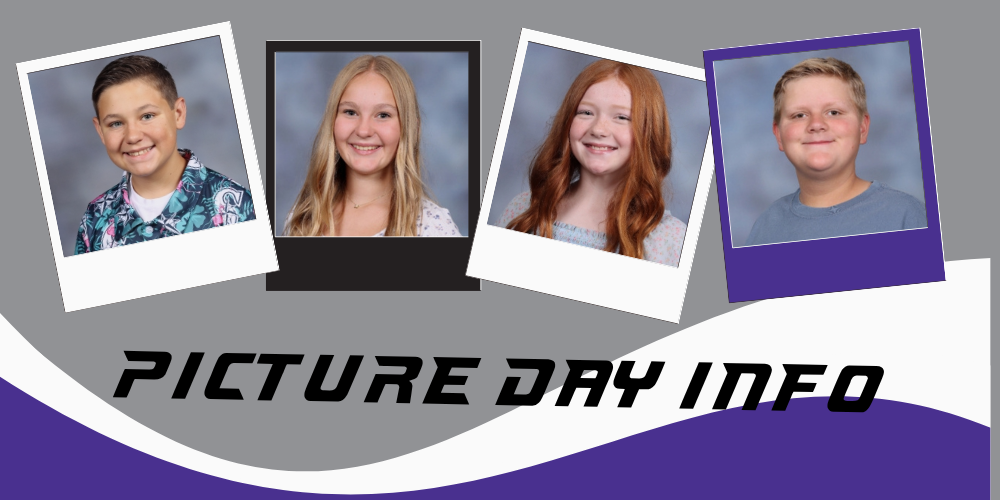 Framed Pictures of Students with the words Picture Day Info - with white, black, purple and gray background