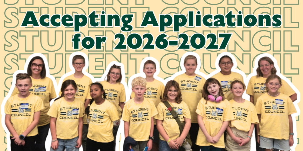 Student Council application header for Bountiful Elementary announcing applications for the 2026–2027 school year. The graphic features the words “Accepting Applications for 2026–2027” over a light background with repeated “Student Council” text and a group photo of student council members and advisors wearing yellow Student Council shirts.