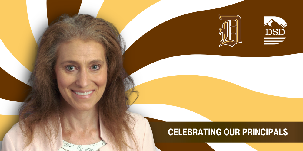 A principal in front of a wavy background with a banner that reads "Celebrating Our Principals"