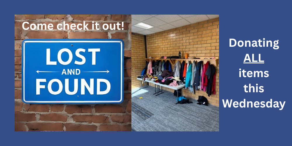 Come check it out! Lost & Found. Donating all items this Wednesday