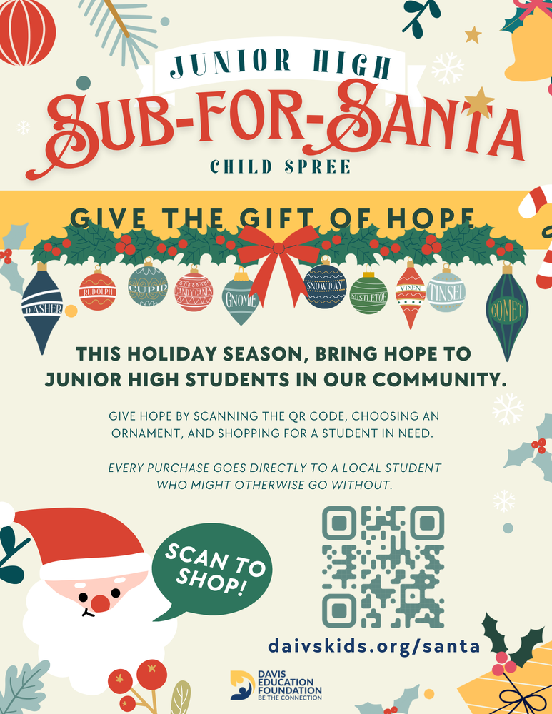 Sub For Santa flyer - shop for junior high students in our community at daviskids.org/santa