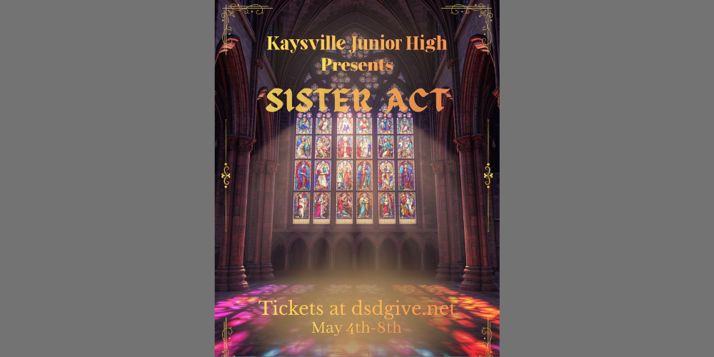 image of a religious stained glass window with saints. reflection of window is on the floor, pillars with arches. Kaysville Junior high presents sister act tickets at dsdgivel.net may 4th - 8th