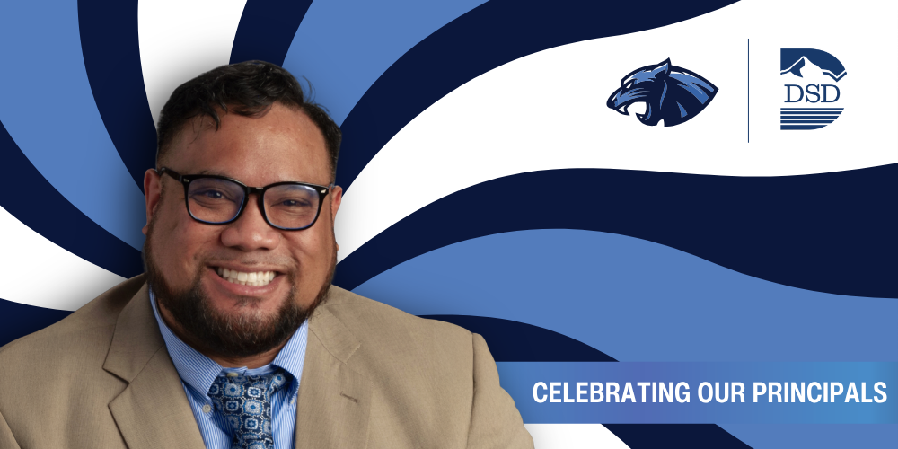 A principal in front of a wavy background with a banner that reads "Celebrating Our Principals"