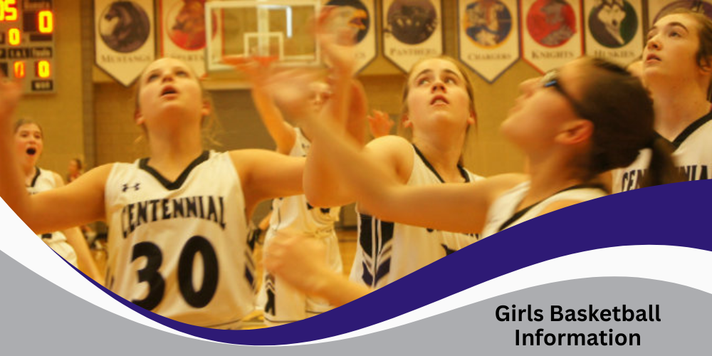 Girls Basketball Information - Girls with hands up looking up to rebound ball in gym - purple, white, and gray wave on bottom of picture.