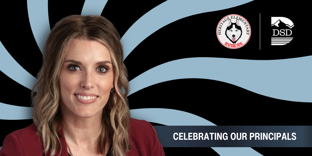 A principal in front of a wavy background with a banner that reads "Celebrating Our Principals"