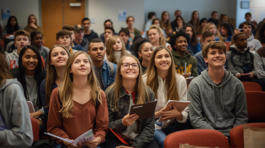 dozens of fictious students sitting in an auditorium waiting to audition for classes.  They are smiling holding papers in their hands.