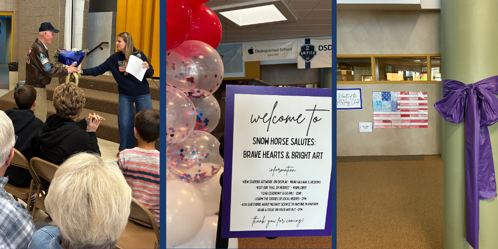 three pictures, people, sign, purple ribbon and flag