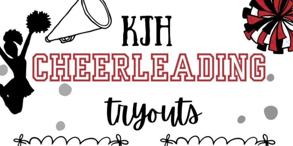 image of two cheerleader silhouette jumping with pom poms and large red black and white pom poms and a megaphone. kjh cheerleading tryouts 