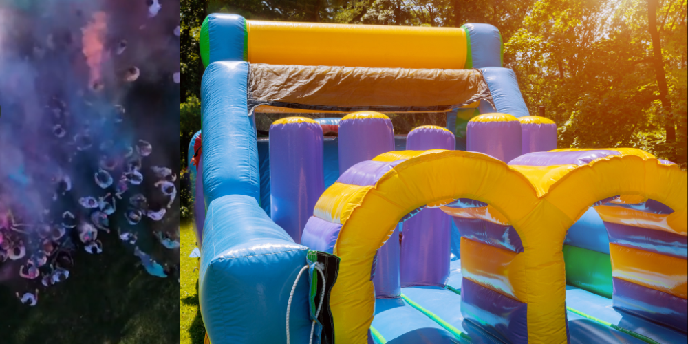 Chalk toss group and a blow up obstacle course for field day information