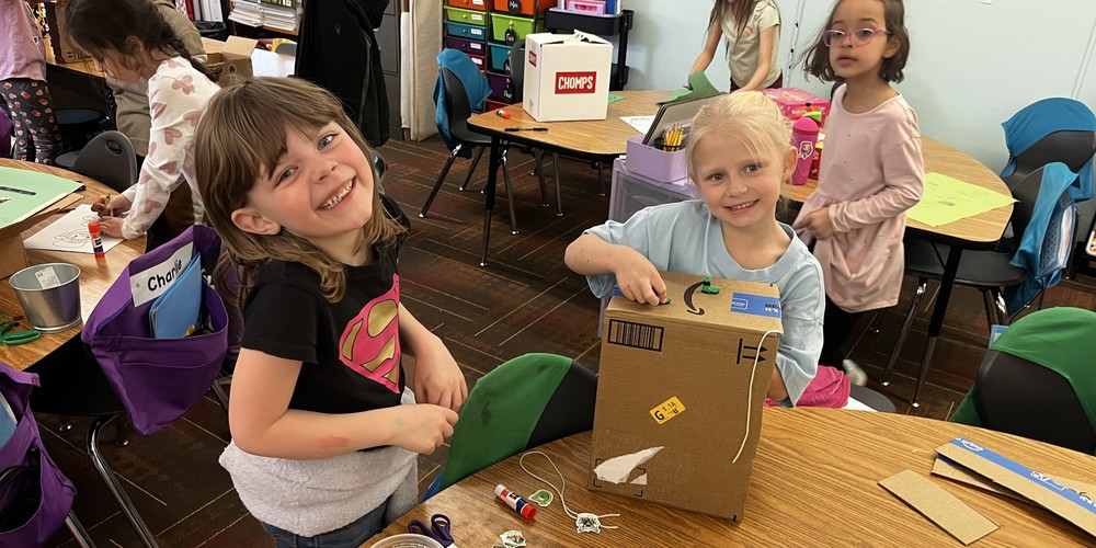 1st grade students in Van Orman's class building traps to try to catch leprechauns