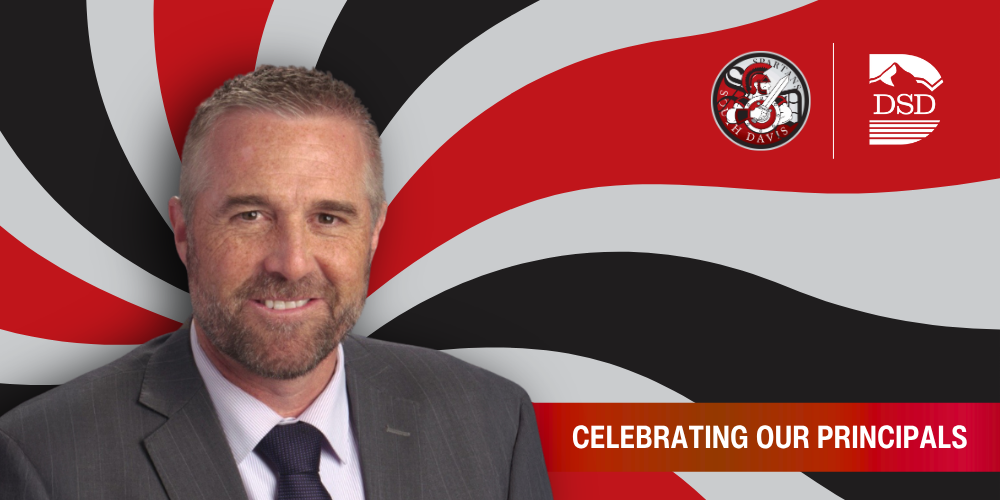 A principal in front of a wavy background with a banner that reads "Celebrating Our Principals"