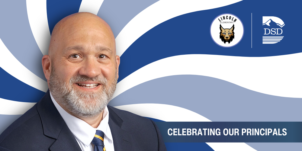 A principal in front of a wavy background with a banner that reads "Celebrating Our Principals"