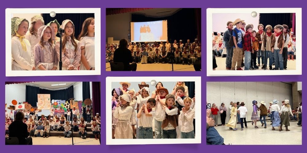 Pictures of the 4th grade Utah program. Students singing and dancing