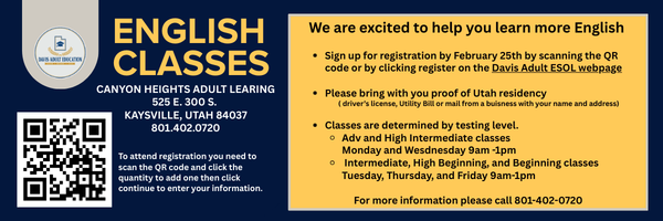 Information about registering for English Classes at Canyon Heights 