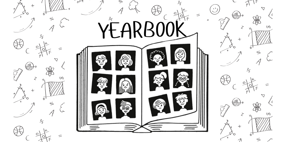 Book with cartoon pictures of students in black and white on a black and white background with doodles.