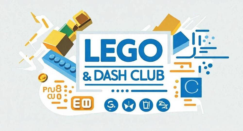 Lego & Dash Club text with yellow and blue coding graphics.