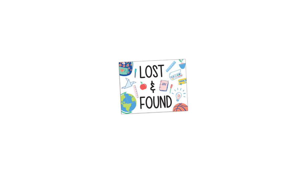 Lost and Found image with colored sketches of a globe, backpack, backpack, school supplies, sport equipment and a school bus