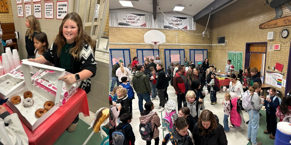 gym filled with parents and students eating donuts and hot chocolate for donuts with grownups with the Kindness Club
