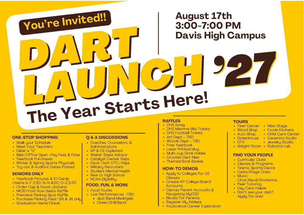 You're invited dart launch 27 august 17th 3-7 pm Davis High Campus food fun Q&A raffles tours one stop shopping