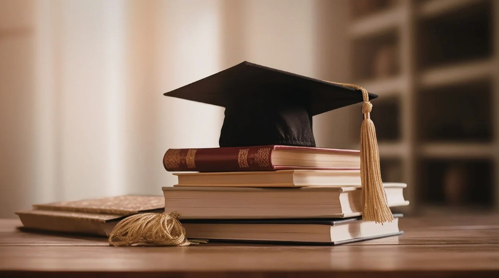 graduation cap on books