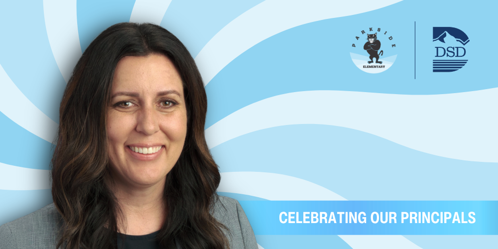A principal in front of a wavy background with a banner that reads "Celebrating Our Principals"